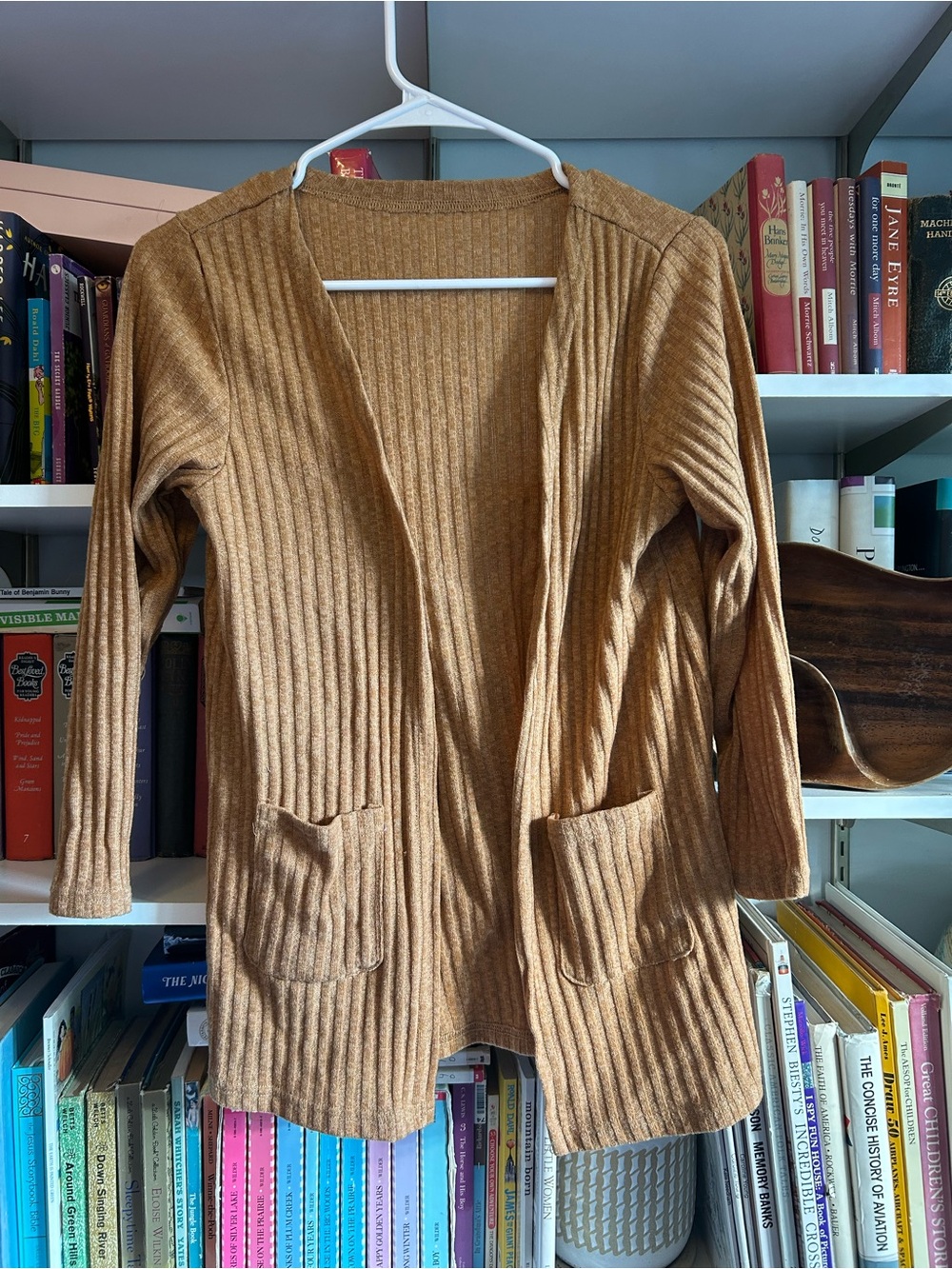 Ribbed Open Front Cardigan Sweater in Camel